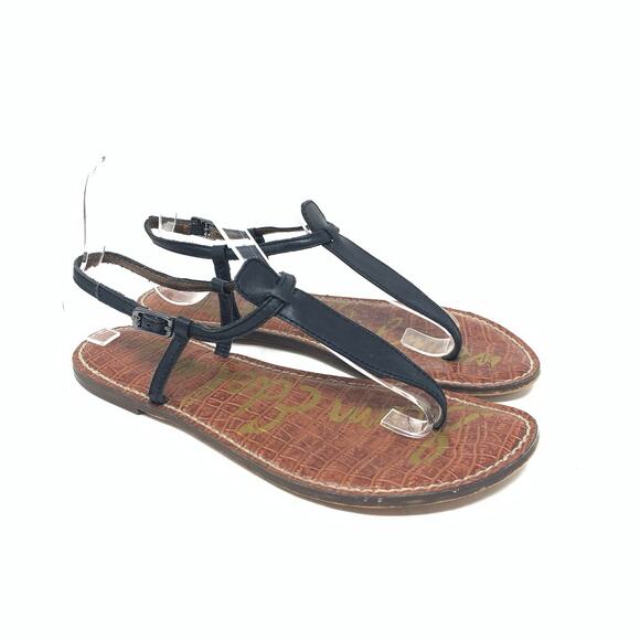 Sam Edelman Gigi Black Leather Sandals Size 9 Flat T Strap Minimalist - Picture 1 of 8